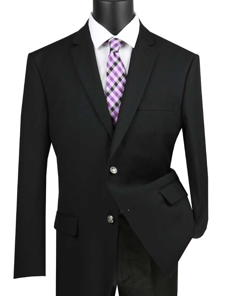 A Regular Fit 2 Button Blazer in black by Vinci Suits, styled with a crisp white dress shirt, purple striped tie, and pocket square is elegantly displayed on a mannequin.