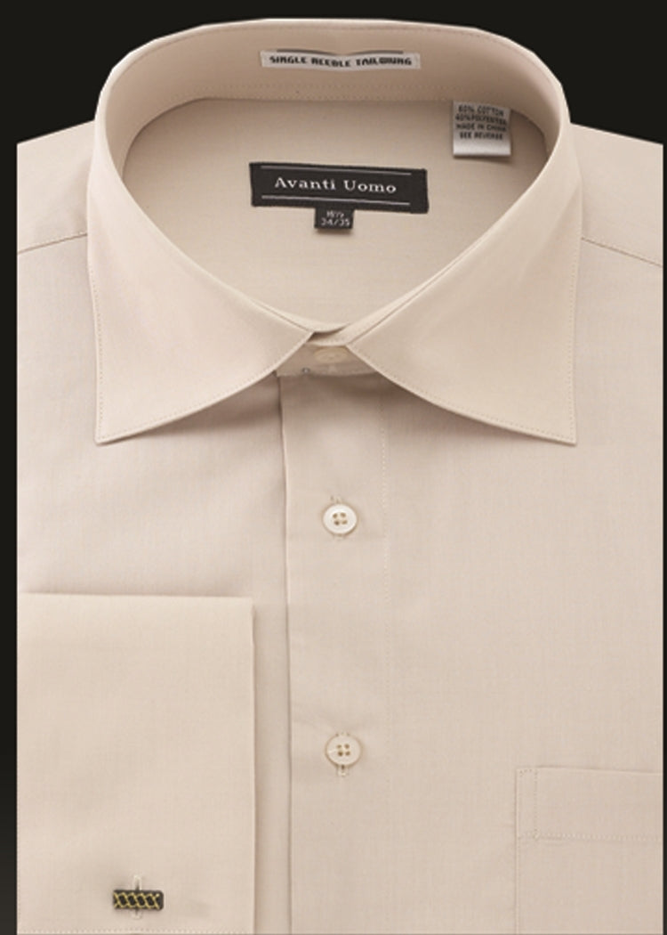 The Avanti Uomo French Cuff Dress Shirt DN32M in beige features a pointed collar, button-up front, and cufflink detail on the sleeve.