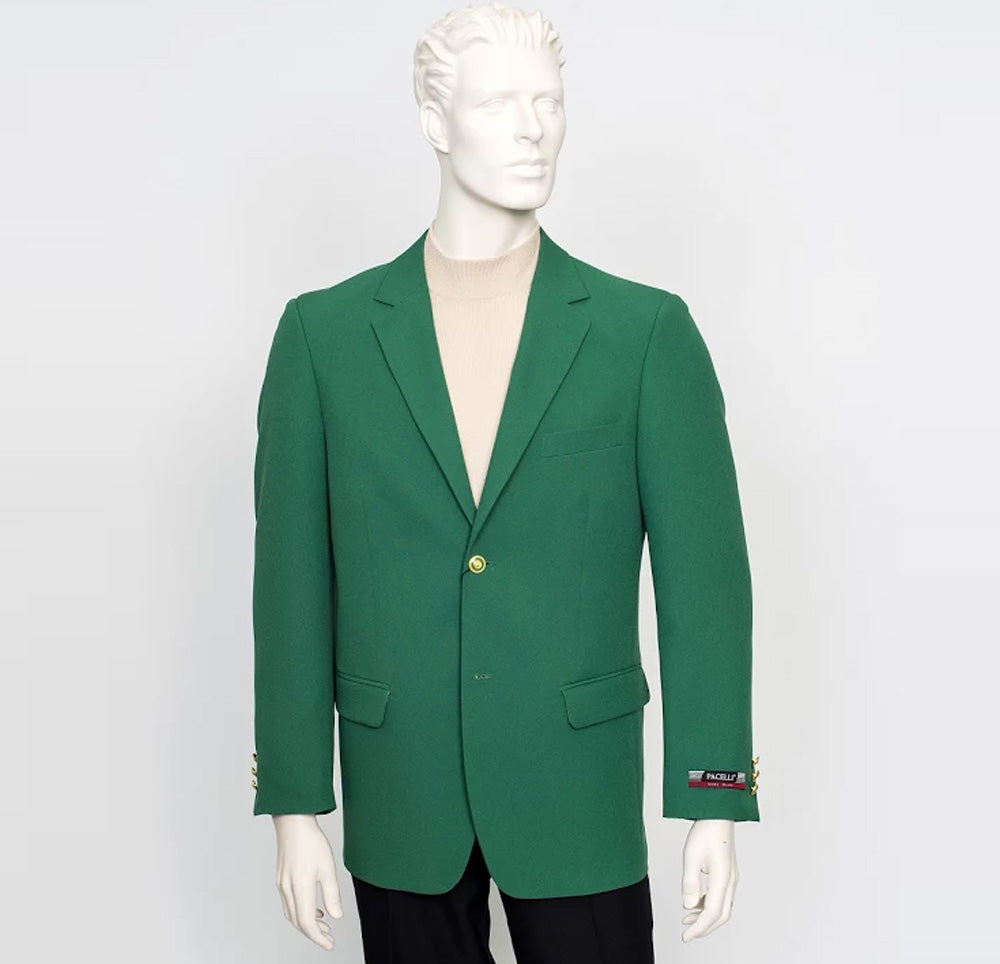 The mannequin showcases the Pacelli Solid 2 Button Green Blazer BLAIR-70014 with its gold buttons and notch lapel, elegantly layered over a beige turtleneck and paired seamlessly with black pants.
