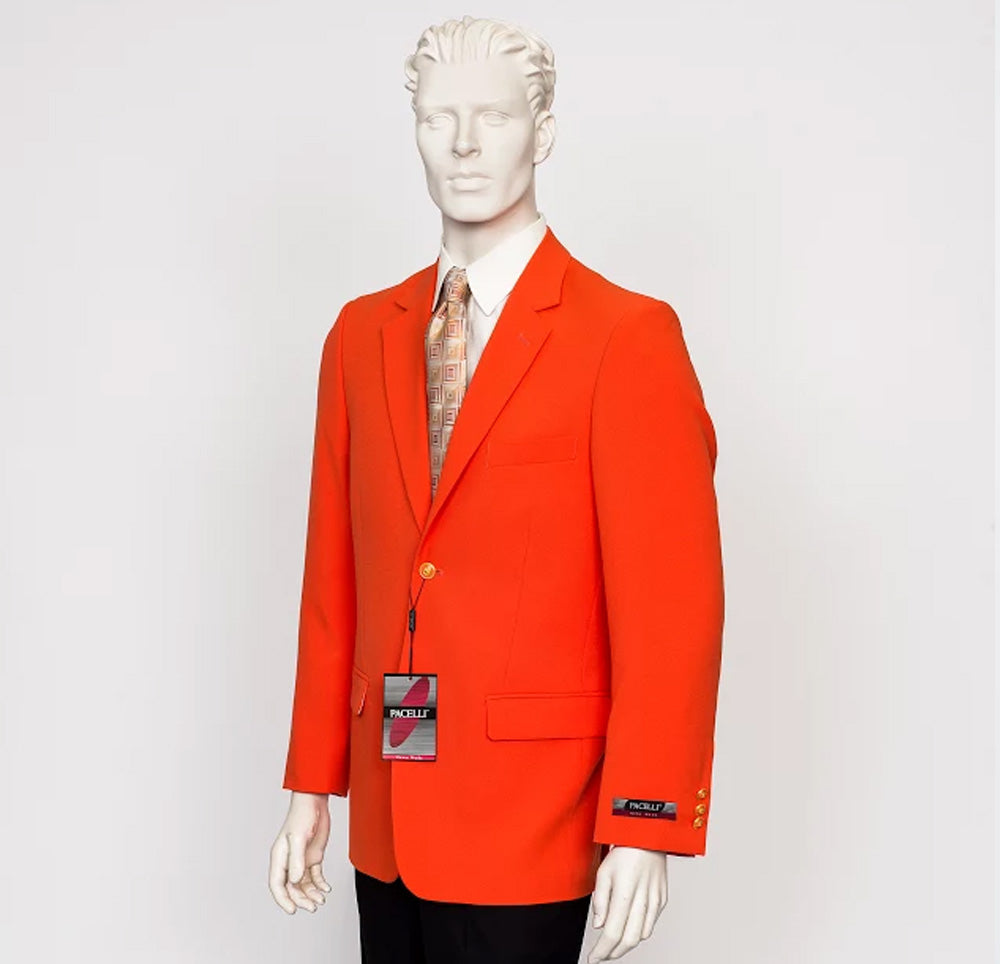 A mannequin showcases the vibrant Pacelli Solid 2 Button Orange Blazer BLAIR-70019, featuring a notch lapel and gold buttons, complemented by a patterned tie and dress shirt. The hanging tag proudly displays the Pacelli brand name.