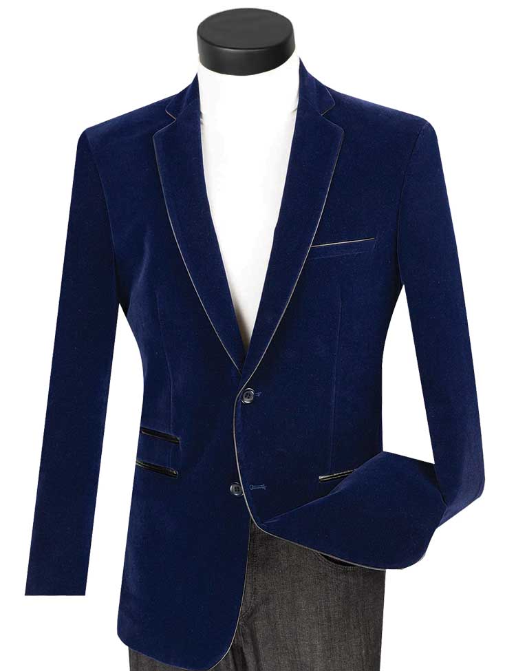 The mannequin is elegantly dressed in the Vinci Suits Slim Fit Velvet Sport Coat (Navy) BS-02, showcasing its peaked lapels and single-breasted style paired perfectly with classic gray trousers.