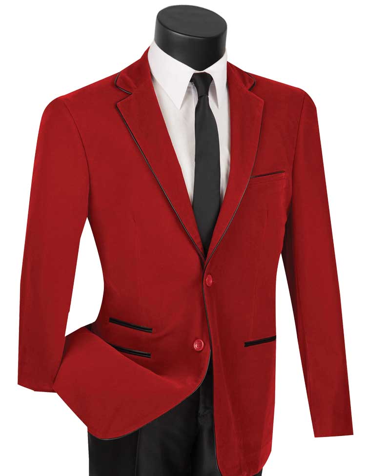 The Slim Fit Velvet Sport Coat (Red) BS-02 by Vinci Suits, featuring black trim and buttons, paired with a crisp white shirt and sleek black tie on a mannequin, radiates sophistication.