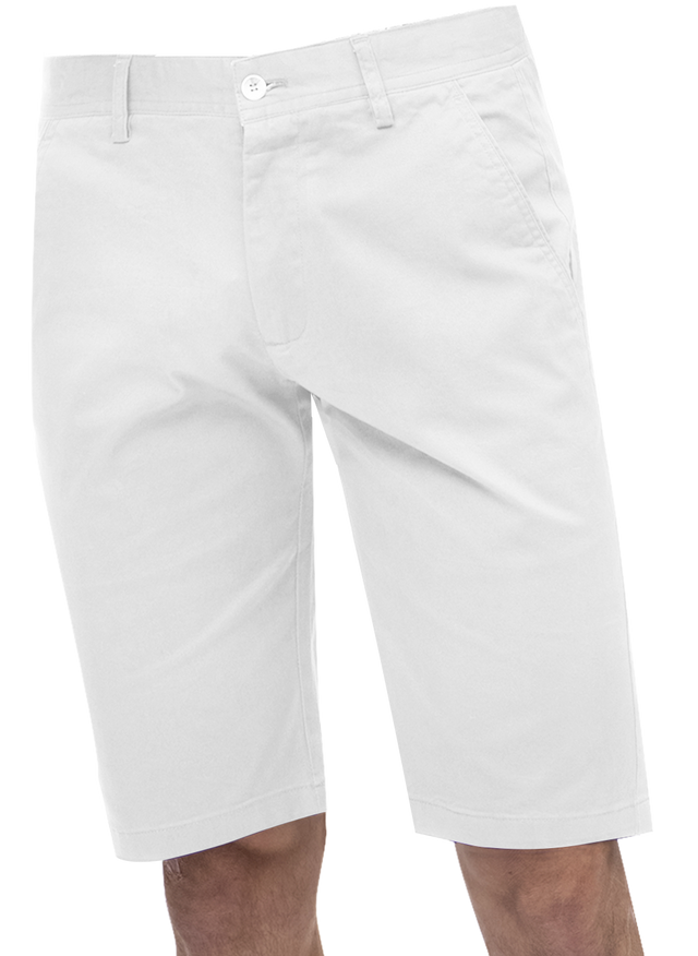 A person wears the EJ Samuel White Chino Short Pants CHS01 by EJ SAMUEL, featuring a knee-length design with front pockets and a button closure.