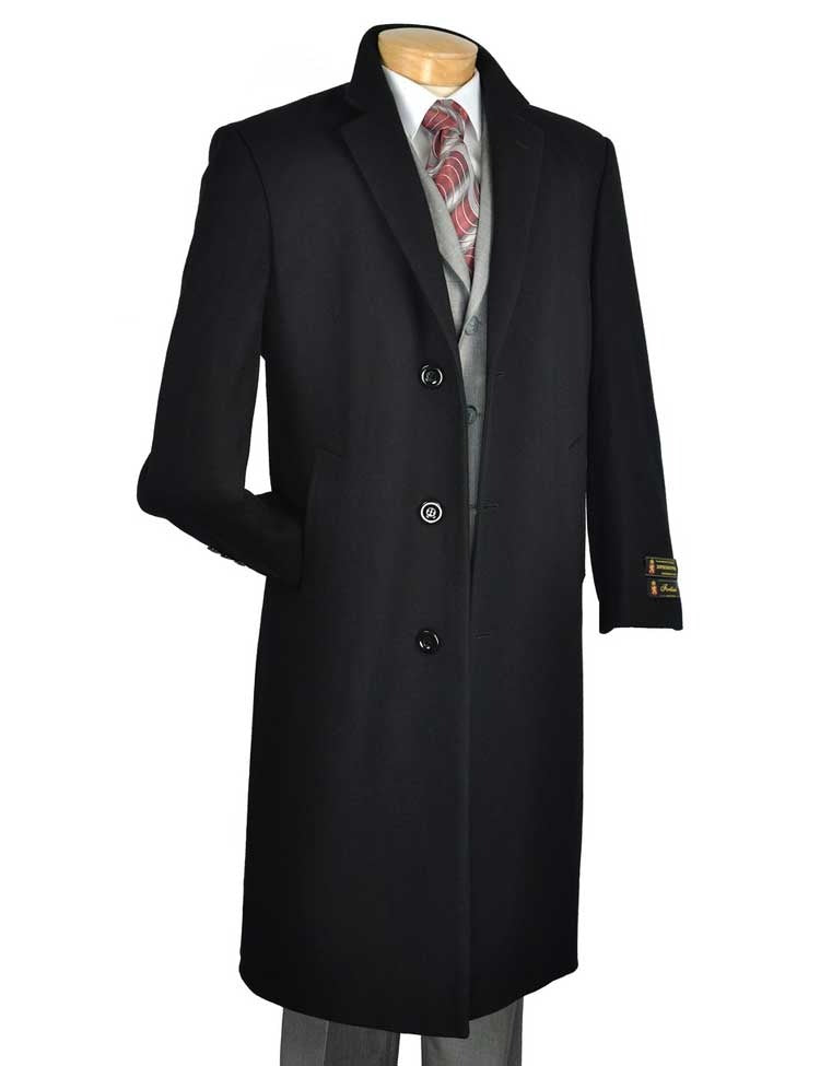 A Vinci Suits 48" Long Dress Top Coat in black gracefully covers a mannequin, enhancing the ensemble of a gray suit and red patterned tie beneath.