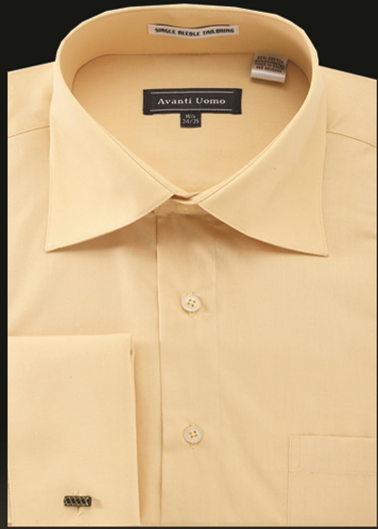 A corn-colored French cuff dress shirt with a pointed collar, featuring a label that says "Avanti Uomo.