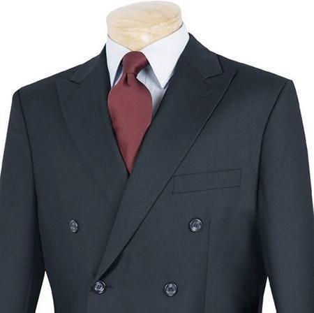 A mannequin showcases a Regular Fit Double Breasted 2 Piece Suit in Navy (DC900-1) by Vinci Suits, accented with a striking red tie, set against a pristine white background.