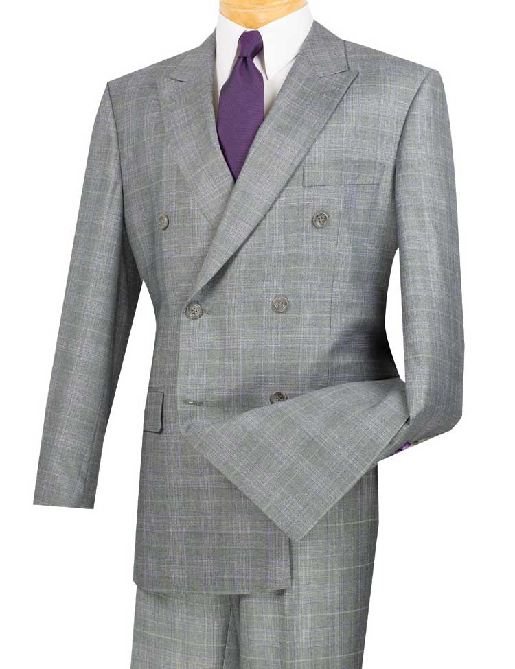 The Vinci Suits Regular Fit Double Breasted Glen Plaid 2 Piece Suit (Gray) DRW-1 is shown paired with a white dress shirt and a purple tie.