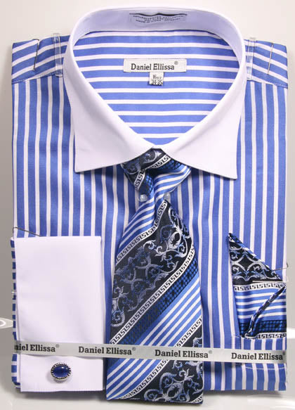 A blue and white striped French cuff dress shirt with a contrasting white collar, paired with cufflinks, a matching tie, and pocket square—perfectly packaged under the Unique Design Menswear brand for those who appreciate the Daniel Ellissa Stripe Pattern French Cuff Dress Shirt DS3787P2 Blue.