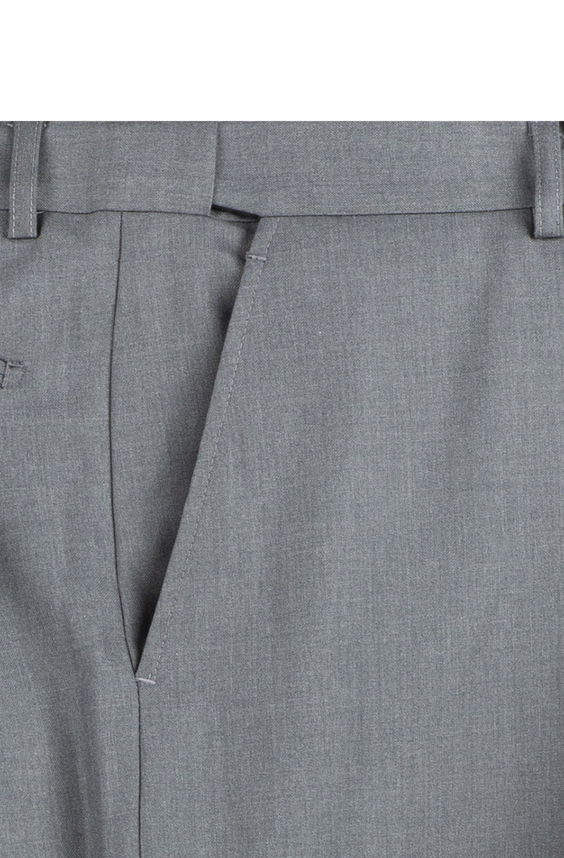 Displayed on a mannequin, the Vinci Suits 2 Piece Suit F-2C900 in medium gray features a floral tie and matching pocket square. Designed for comfort with a 2″ adjustable waistband, it offers a luxurious wool feel, perfect for elevating any occasion.