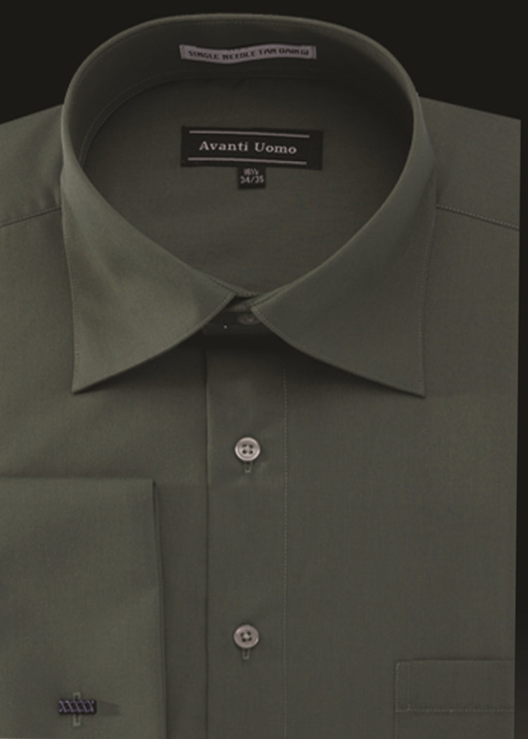 Forest green dress shirt with a pointed collar and buttoned front, featuring the label "AVANTI UOMO.