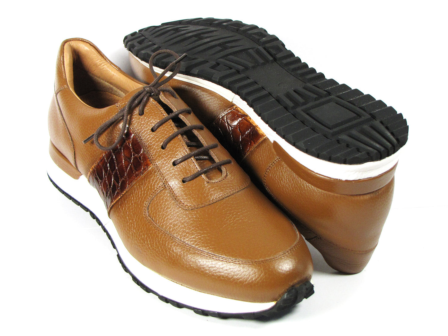 These hand-painted sneakers, featuring the Paul Parkman Men's Cognac Floater Leather design (model: LP206CGN), are crafted from brown leather with dark brown laces and white soles, showcased against a white background.