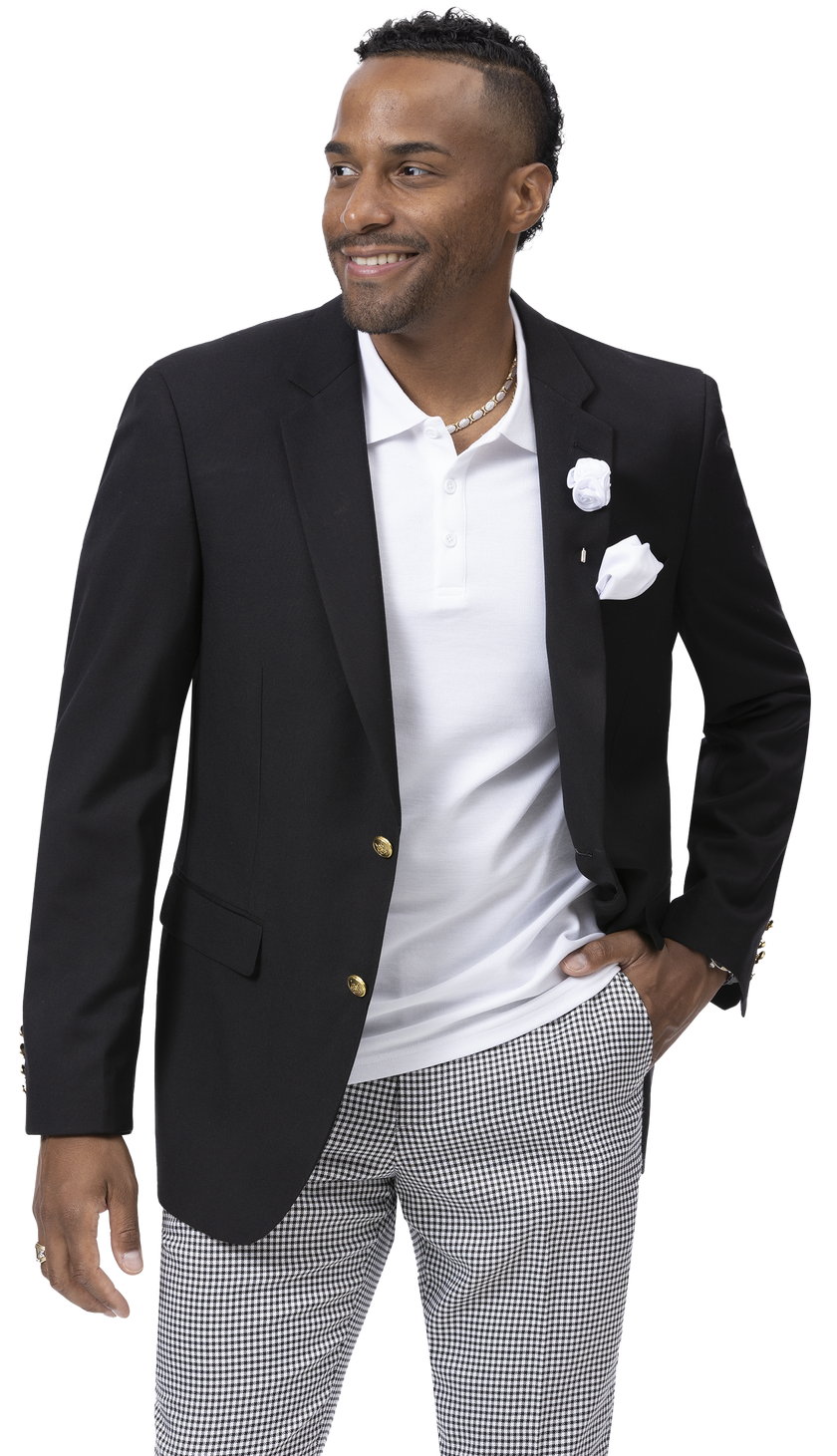 A gentleman wearing the EJ Samuel Black Blazer J170 from EJ SAMUEL, distinguished by its sleek design and gold buttons, complements it perfectly with a crisp white shirt and checkered pants, casting a sideways glance with a smile.
