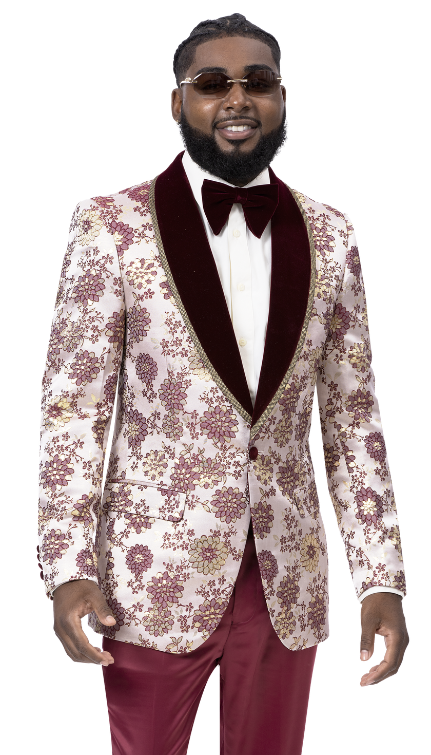 Man in an EJ SAMUEL floral-patterned EJ Samuel Burgundy Blazer J171 featuring gold buttons, accessorized with a maroon bow tie, wearing sunglasses and smiling.