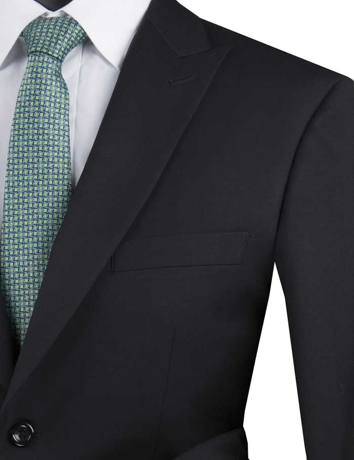 A sleek mannequin showcases a Vinci Suits Modern Fit Suit with Peak Lapel (Black) M2TR, paired with a white shirt and light green tie, against a plain background.