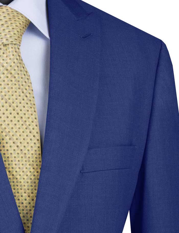A mannequin showcases a Vinci Suits Modern Fit Suit with Peak Lapel (Blue) M2TR, elegantly paired with a yellow tie and crisp white shirt.
