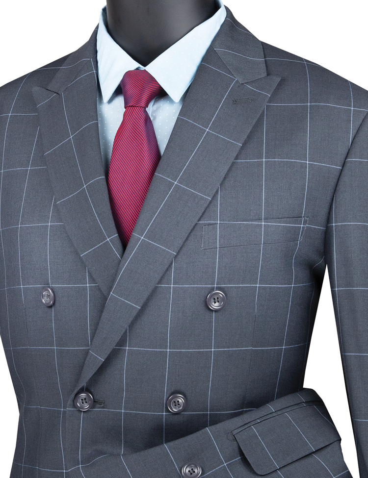 A Vinci Suits Modern Fit Double Breasted Windowpane Peak Lapel 2 Piece Suit (Gray) MDW-1 is showcased on a mannequin with a red tie and light blue shirt.