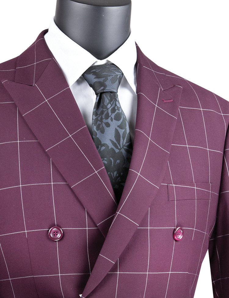 The Vinci Suits Modern Fit Double Breasted Windowpane Peak Lapel 2 Piece Suit in wine, MDW-1, features maroon with white grid lines on a mannequin. It's a poly rayon blend blazer paired with a white shirt and dark patterned tie.