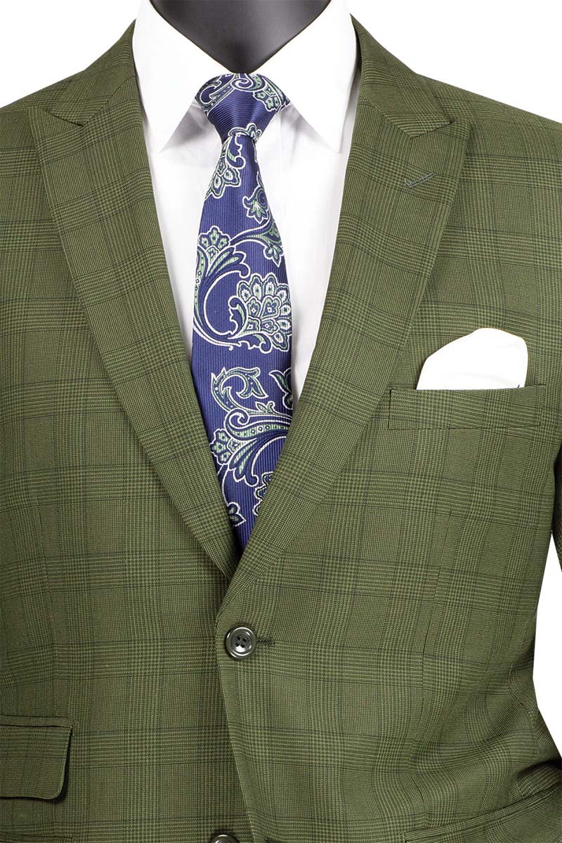 A Modern Fit 2 Piece Windowpane Suit (Olive) by Vinci Suits is displayed on a mannequin, complemented by a white shirt, a blue paisley tie, and a white pocket square.