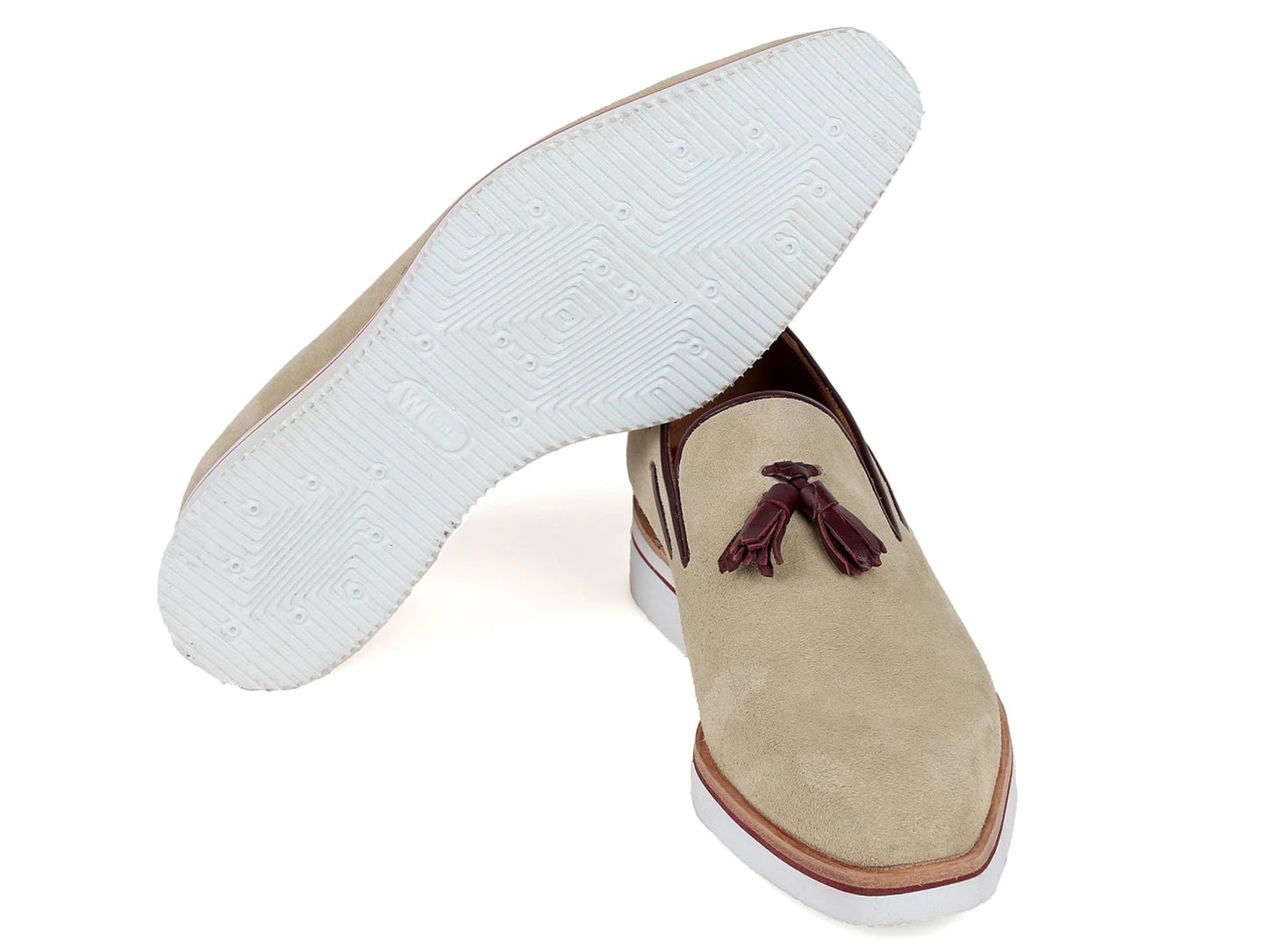 Introducing the Paul Parkman Smart Casual Tassel Loafers in Beige Suede (181-BEI-SD), these stylish loafers from Paul Parkman feature burgundy tassels and trim, white soles, and a stacked heel.
