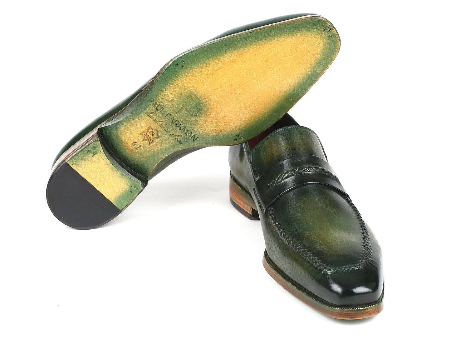 Presenting the Paul Parkman Loafer Shoes Green - 068-GRN, expertly designed with hand-painted leather in a slip-on penny loafer style, featuring intricate stitching and a polished finish, showcased against a white background.
