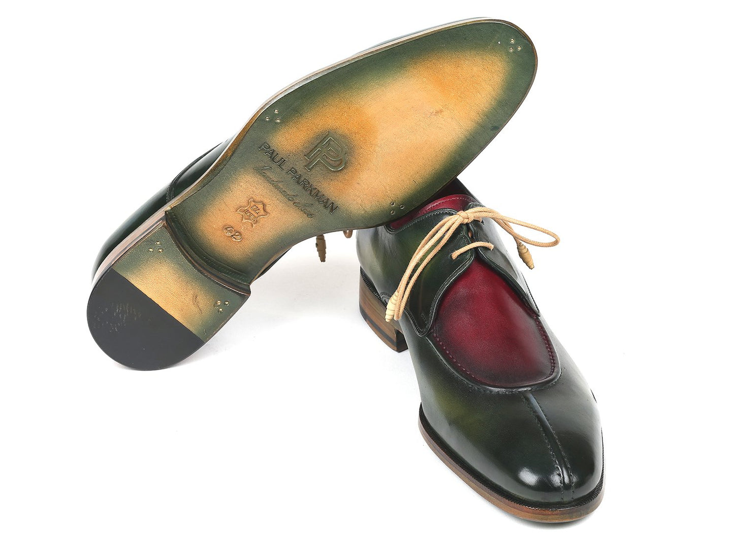 A pair of Paul Parkman Split Toe Multicolor Derby Shoes, model 8864MLT, featuring polished and hand-painted green and burgundy leather with beige laces, rests at an angle on a white background.