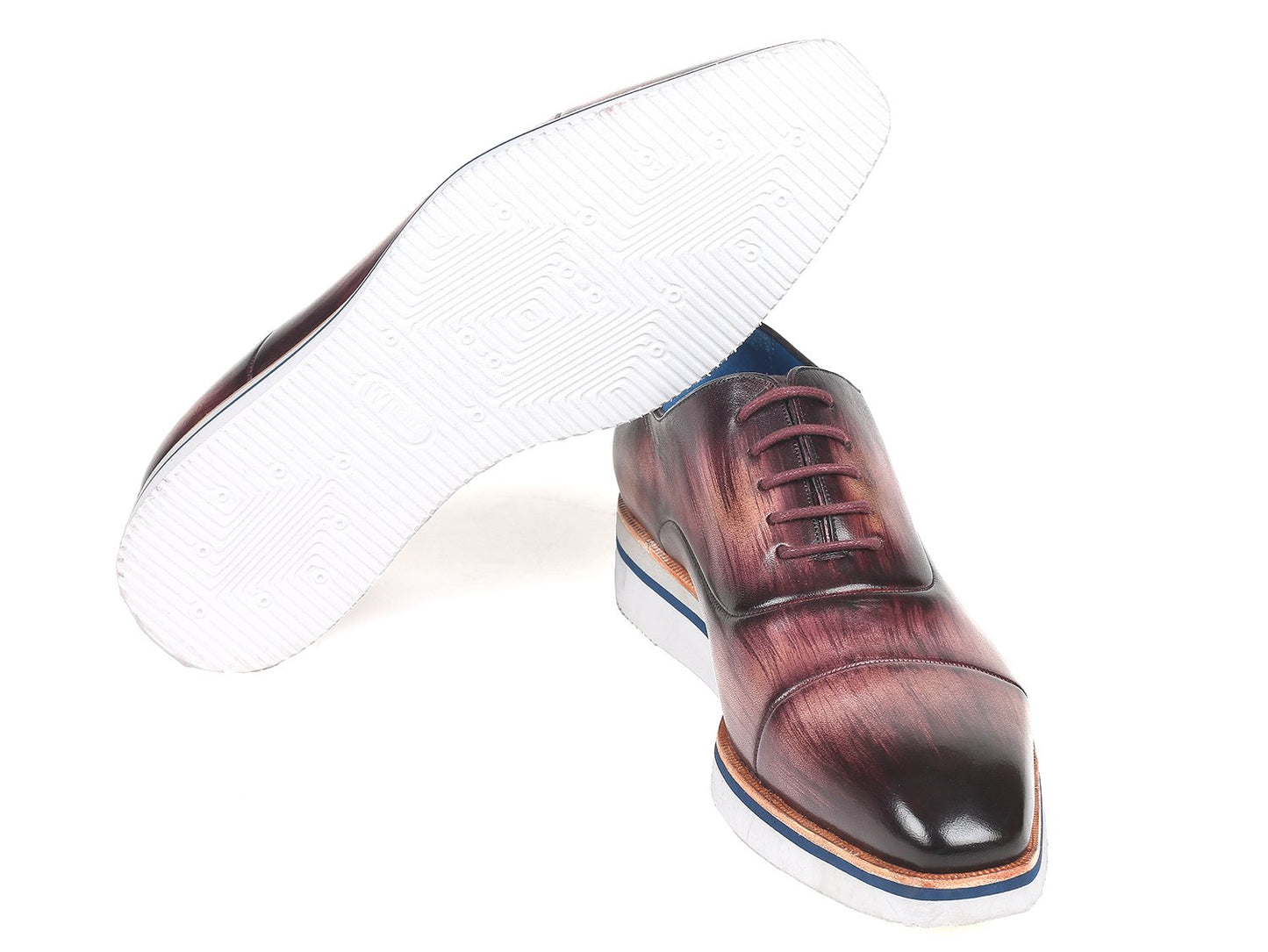 Paul Parkman Smart Casual Oxfords in polished purple leather, crafted from hand-painted calfskin and featuring white rubber soles with blue accents, are perfect for smart casual settings and are displayed against a white background.