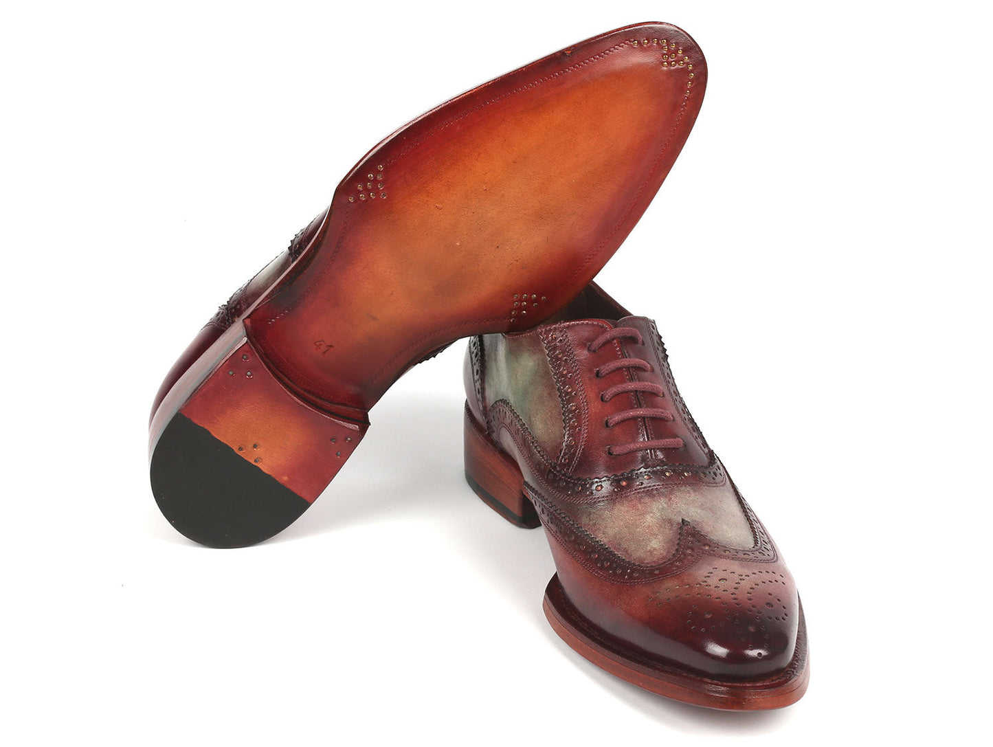 The Paul Parkman Goodyear Welted Men's Two Tone Wingtip Oxfords - PP22GB62 are polished, multicolored hand-painted leather brogues with intricate detailing and brown laces, shown against a white background.