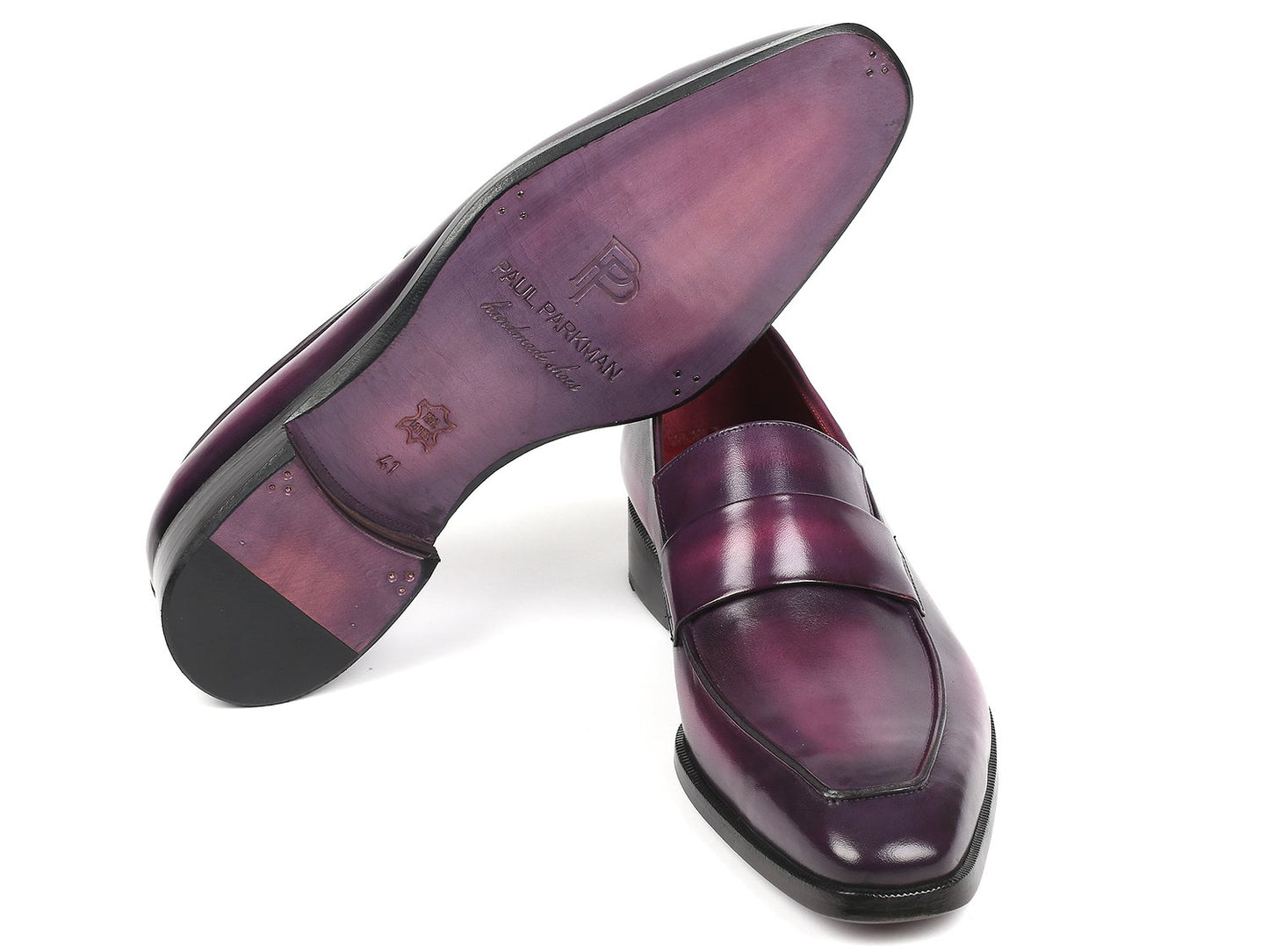 The Paul Parkman Loafers Purple - 93PR814, crafted by Paul Parkman, are men's slip-on shoes that feature a shiny hand-painted purple exterior with black soles against a white background, combining style and comfort for every occasion.