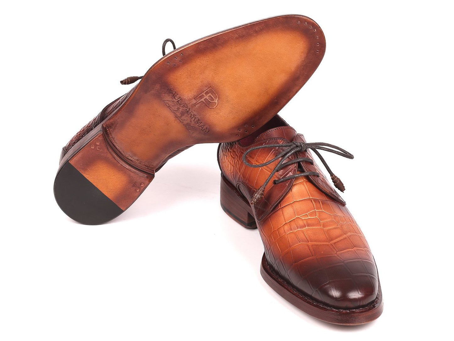 Paul Parkman's 5286BRW brown calfskin Goodyear welted derby shoes showcase a hand-painted crocodile-embossed texture with a dark gradient on the toe and heel.
