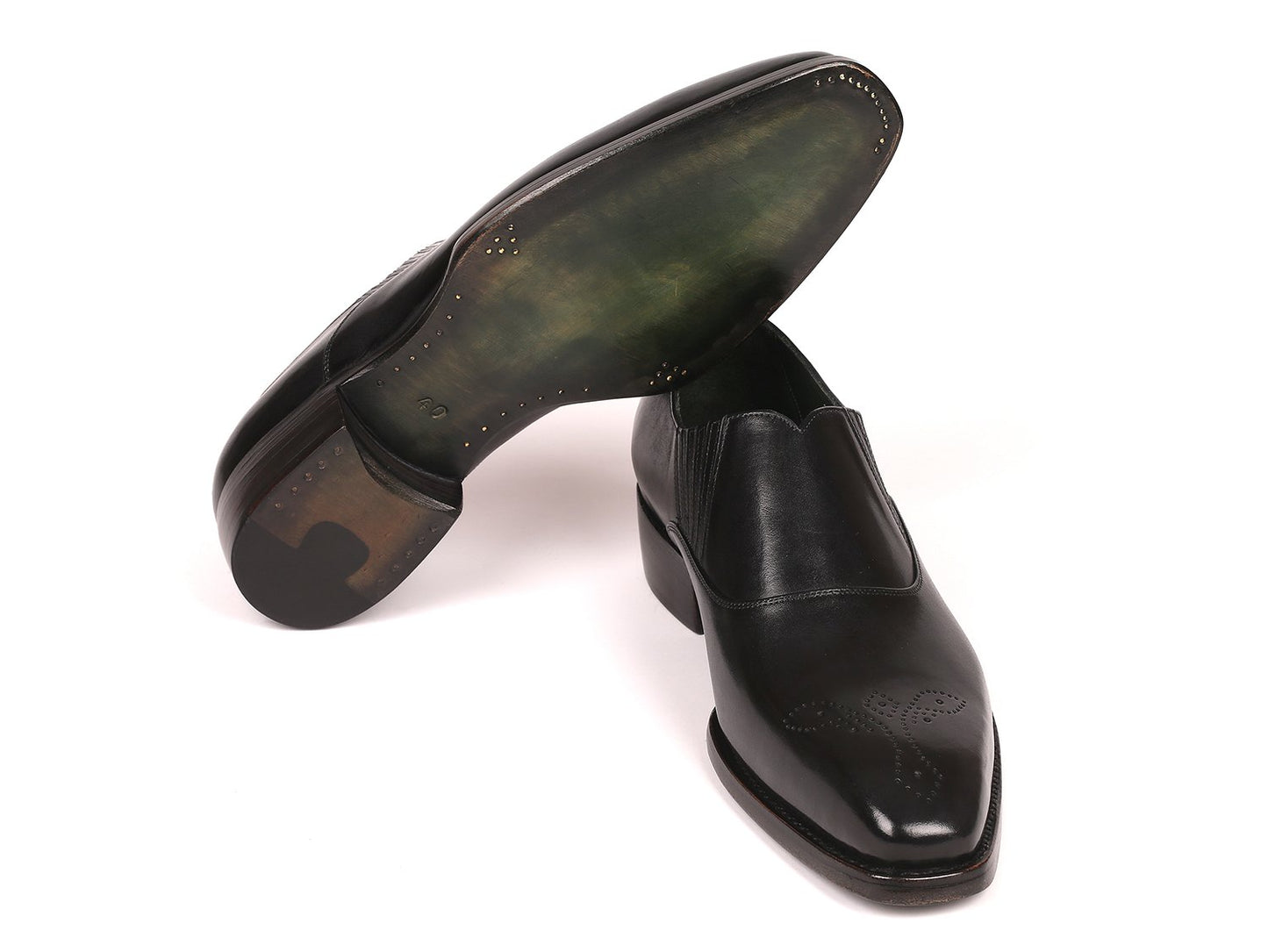 A pair of Paul Parkman Goodyear Welted Black Elasticated Loafers - GH861TR, sleek and expertly crafted from handpainted calfskin, featuring subtle decorative perforations on the medallion toe.