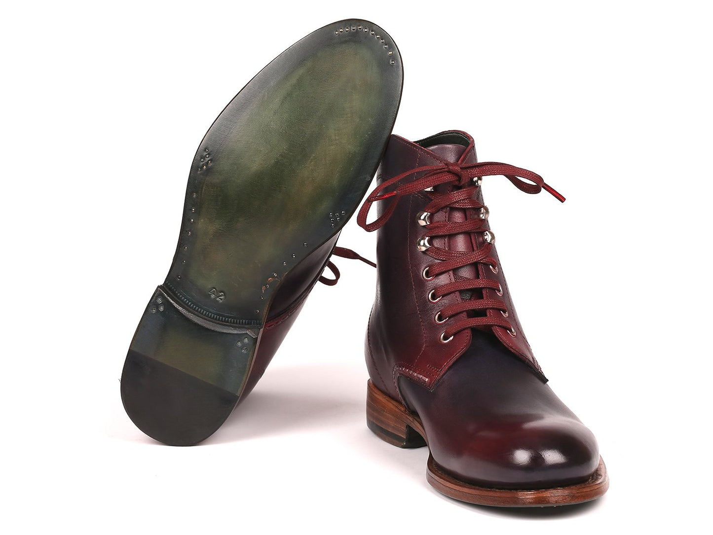 Paul Parkman's Bordeaux and Navy leather lace-up boots, model 824BRD65, featuring Goodyear welted construction and wooden soles, showcased against a white background.
