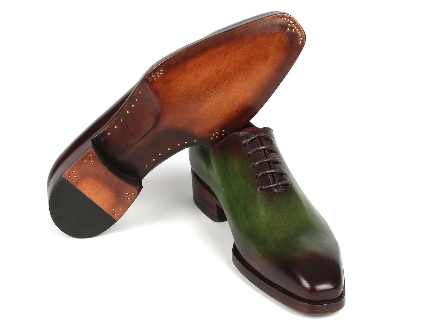 Paul Parkman Goodyear Welted Wholecut Oxfords in green and bordeaux are showcased against a white background, featuring a polished leather finish and a Goodyear welted wooden sole.