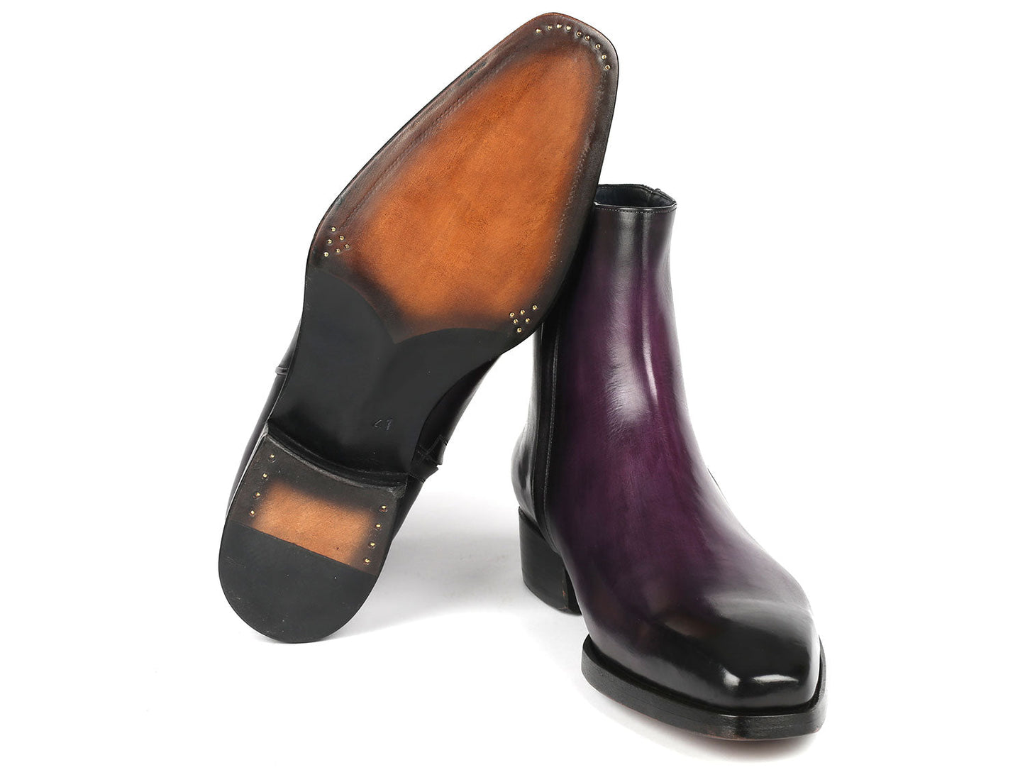 The Paul Parkman Purple Burnished Side Zipper Boots Goodyear Welted - BT3955-PRP, crafted by Paul Parkman, are a pair of handcrafted dark purple leather ankle boots featuring shiny finishes, side zippers, and low heels. These boots showcase Goodyear welted construction and are displayed against a white background.