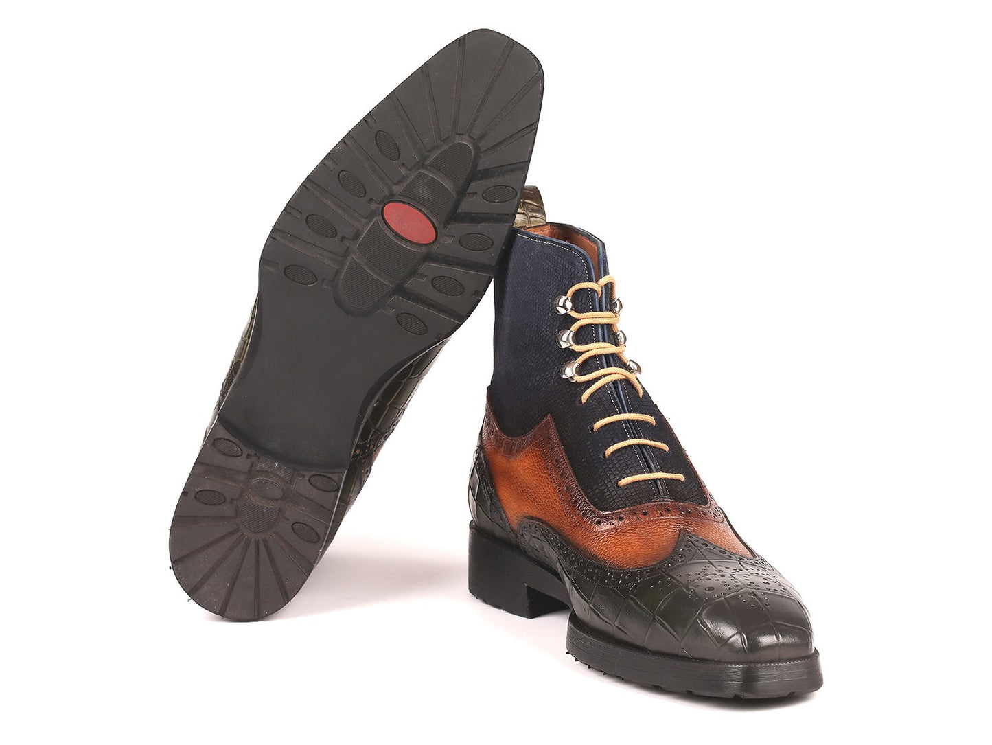 Introducing the Paul Parkman Three Tone Wingtip Boots Rubber Sole - 9735GBN, a striking pair of men's dress boots featuring a sophisticated design with black crocodile-embossed leather at the toe and heel, a rich brown leather midsection, and a dark blue fabric upper, all elegantly tied together with tan laces.