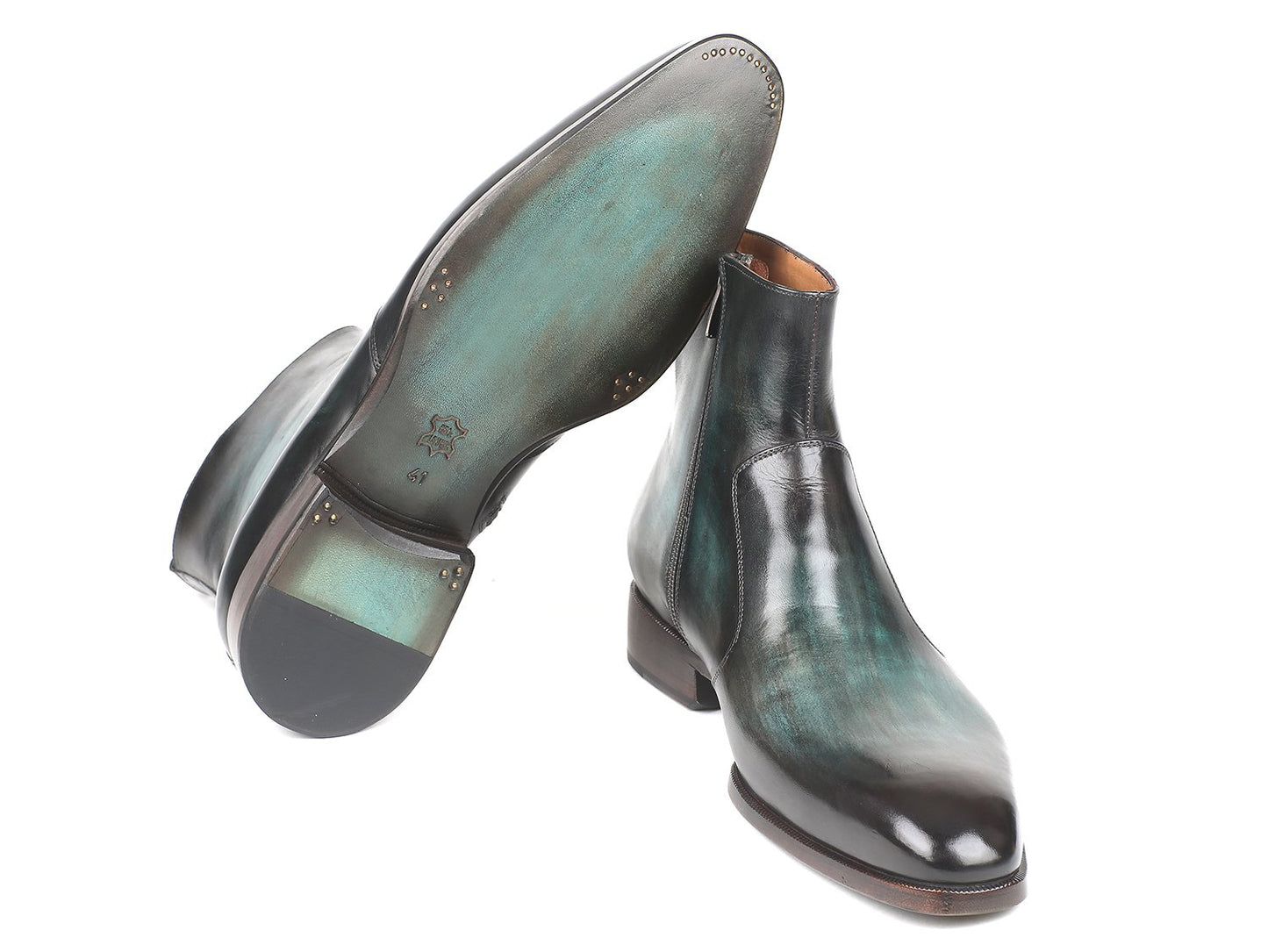 Paul Parkman's Turquoise Burnished Side Zipper Boots (BT487TRQ), featuring polished, handcrafted turquoise leather, are displayed facing each other.