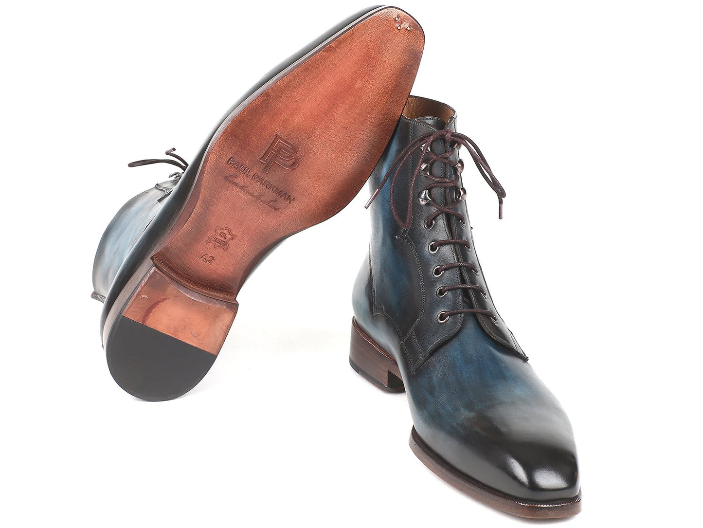 Paul Parkman Blue & Brown Leather Boots - BT548AW, crafted from hand-painted calfskin with a glossy blue-black finish and brown soles, are displayed against a white background.