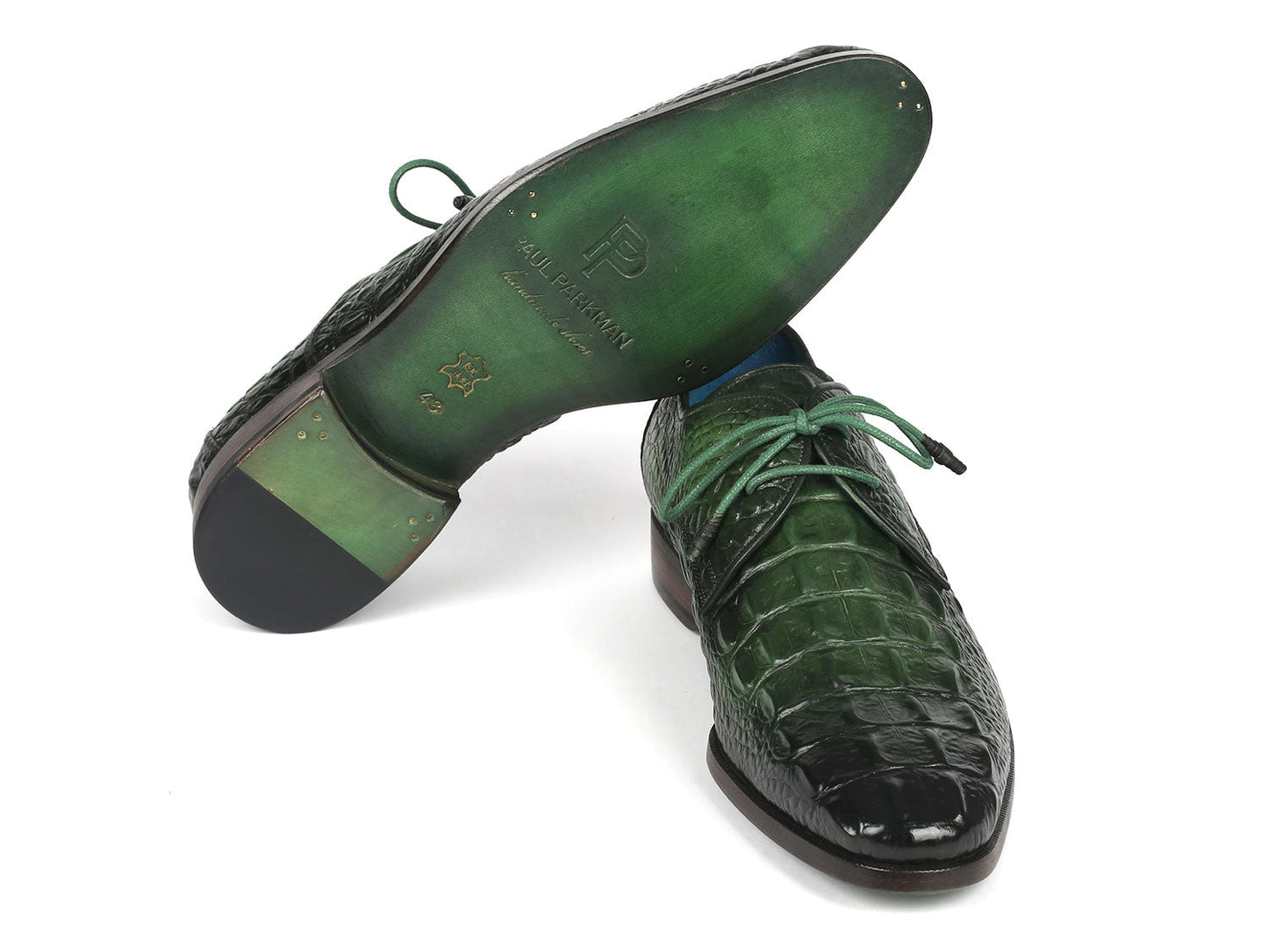 The Paul Parkman Green Croco Textured Leather Derby Shoes - 1438GRN showcase a glossy green crocodile-patterned leather upper, complemented by matching green laces and a bold blue interior.