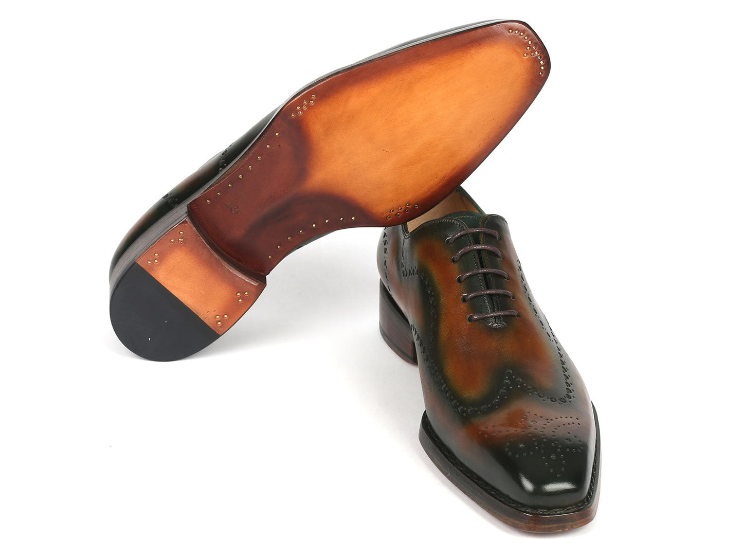 A pair of Paul Parkman Goodyear Welted Brown & Green Oxford Shoes, featuring exquisite brogue detailing and crafted from hand-painted leather, elegantly displayed on a white background.