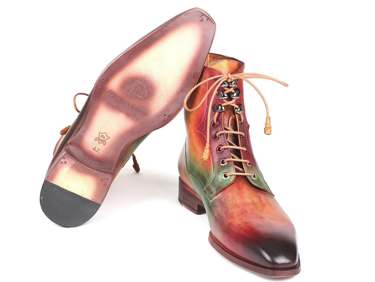 The Paul Parkman Green Camel & Bordeaux Leather Boots - BT533SPR feature a striking hand-painted multicolored finish with shades of red, green, and brown. These made-to-order high-top men's leather boots come with beige laces, providing a distinctive blend of style and craftsmanship.