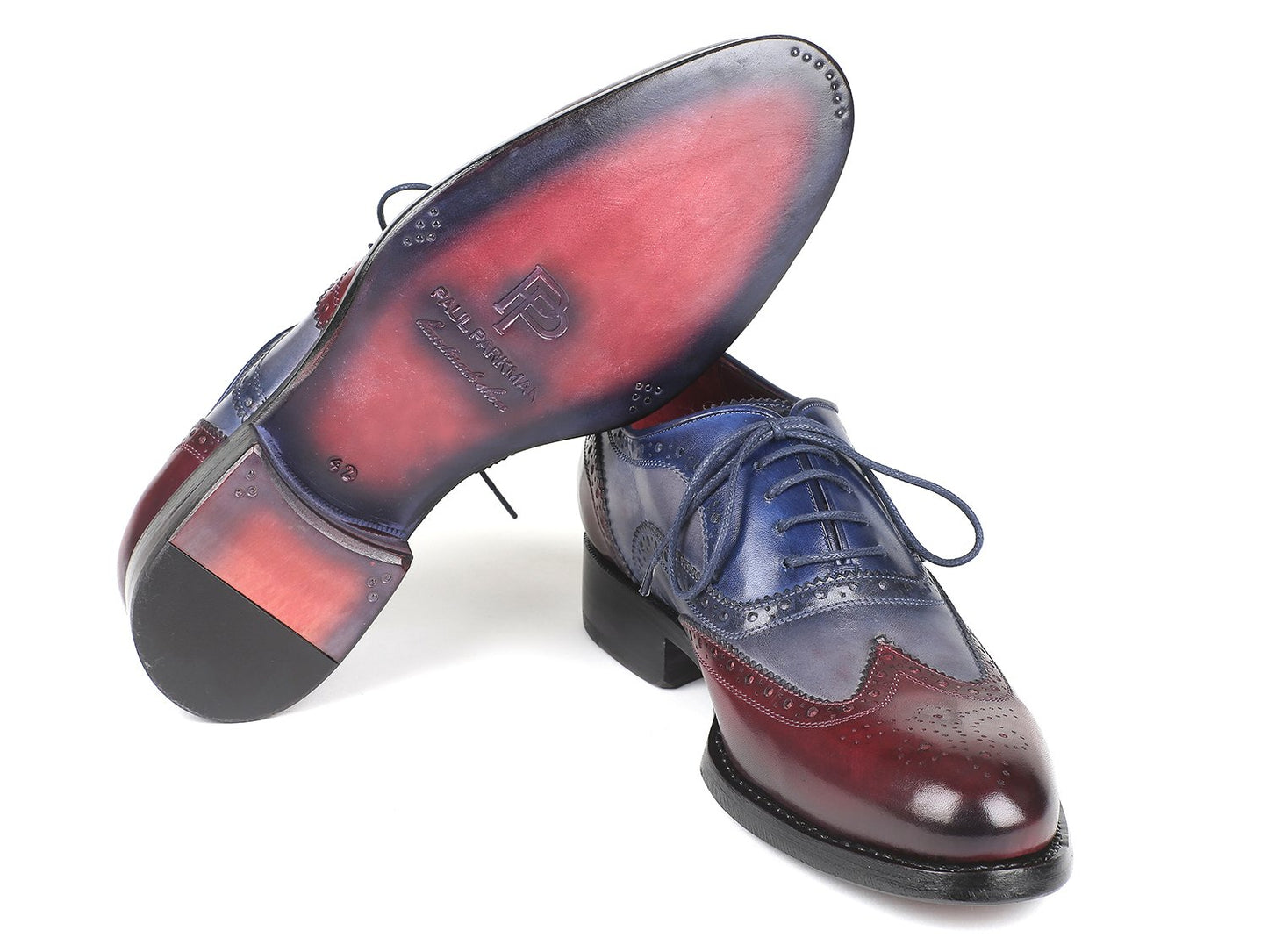 Introducing the Paul Parkman Wingtip Oxfords Goodyear Welted shoes in Bordeaux Grey Blue (BR027GRBL), featuring stylish brogue detailing and black soles. These meticulously hand-painted leather shoes offer a unique finish, combining elegance and durability for any occasion.