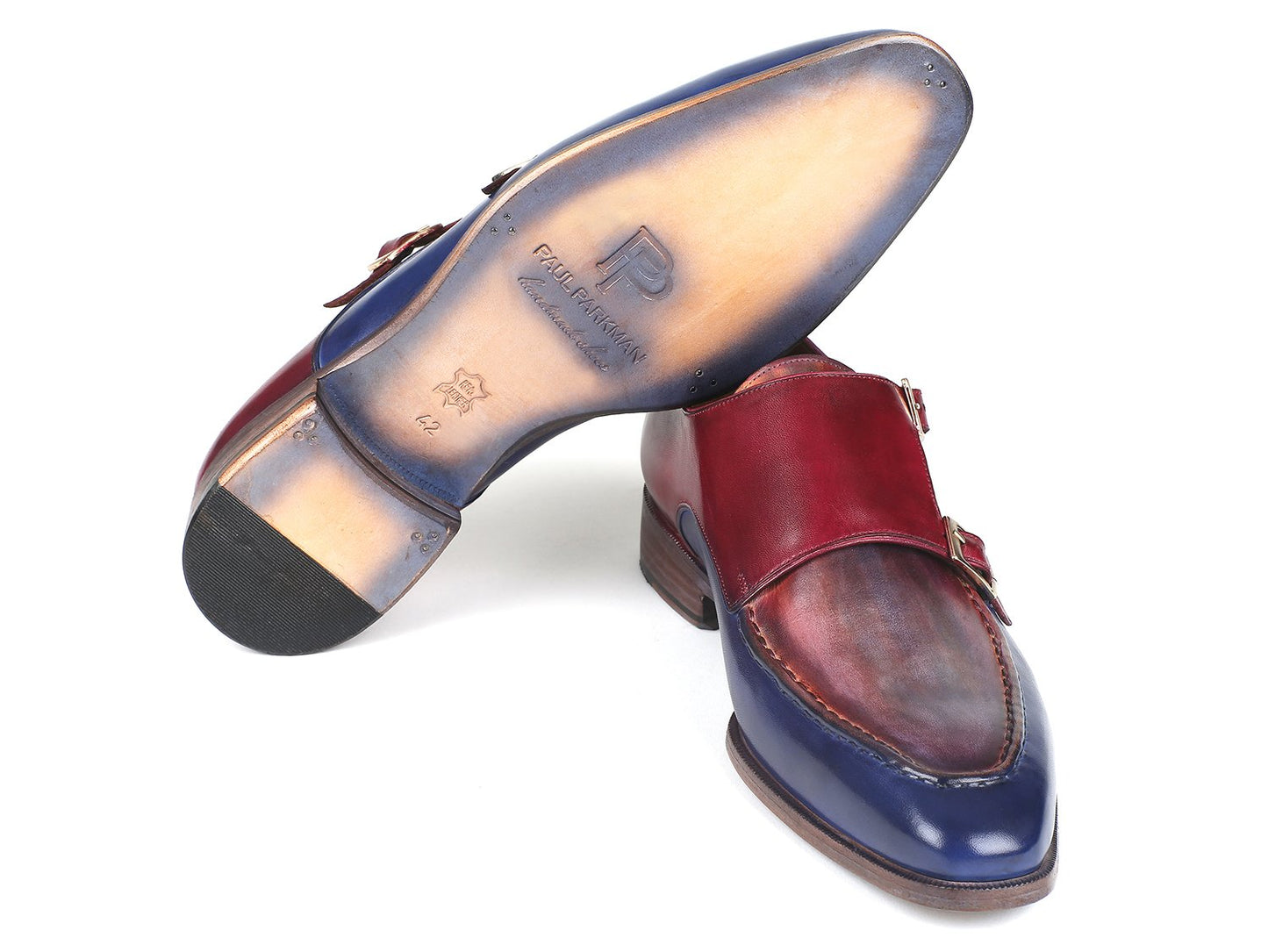 A stunning pair of Paul Parkman Blue & Bordeaux Double Monkstraps, expertly crafted from hand-painted calfskin.