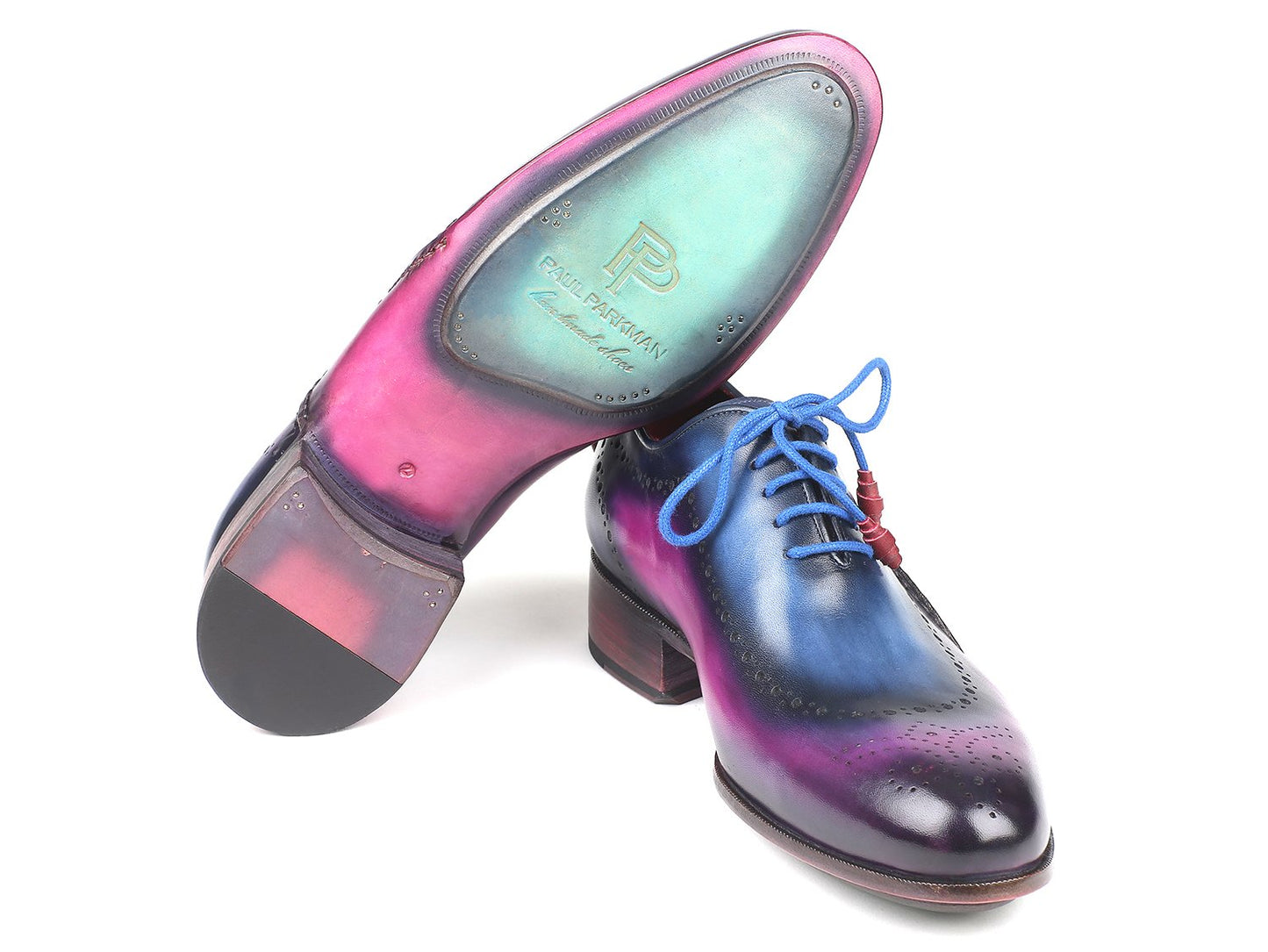 Paul Parkman's Opanka Construction Blue & Purple Oxfords (726-BLU-PUR) are exquisitely hand-painted leather dress shoes, showcasing blue laces and decorative perforations, designed for exceptional durability.
