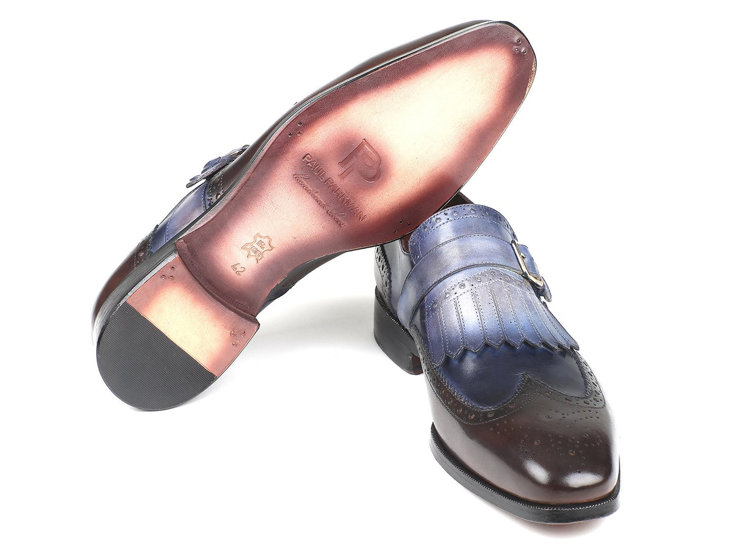 The Paul Parkman Kiltie Monkstraps Blue & Brown - 52SL79 is a pair of men's shoes crafted from dual-tone blue and brown leather, featuring decorative perforations and fringe detailing.