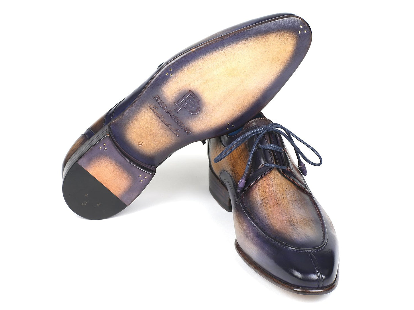 A pair of Paul Parkman dress shoes, model GU566PRP, is crafted with hand-painted leather transitioning from camel to purple, featuring ghillie lacing and a low heel.