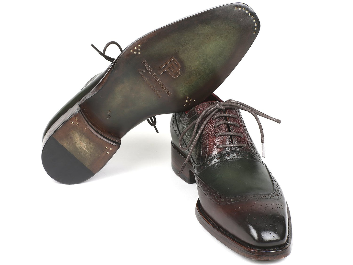 Introducing the Paul Parkman Goodyear Welted Oxfords in Brown & Green (BW926GR) for men, crafted with hand-painted leather in green, brown, and burgundy tones. These shoes feature classic wingtip detailing and laces for a bespoke finish.