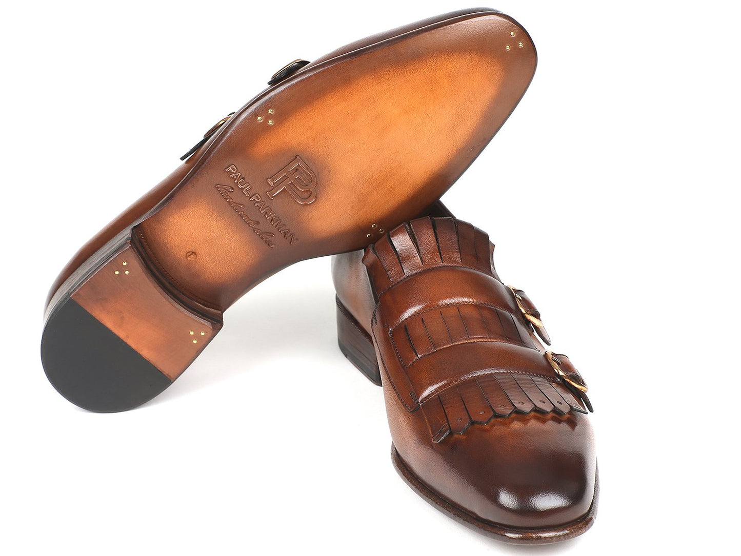 Introducing the Paul Parkman Brown Kiltie Double Monkstraps - ST37VF by Paul Parkman, featuring hand-painted brown burnished calfskin with stylish decorative tassels and fringe detailing.