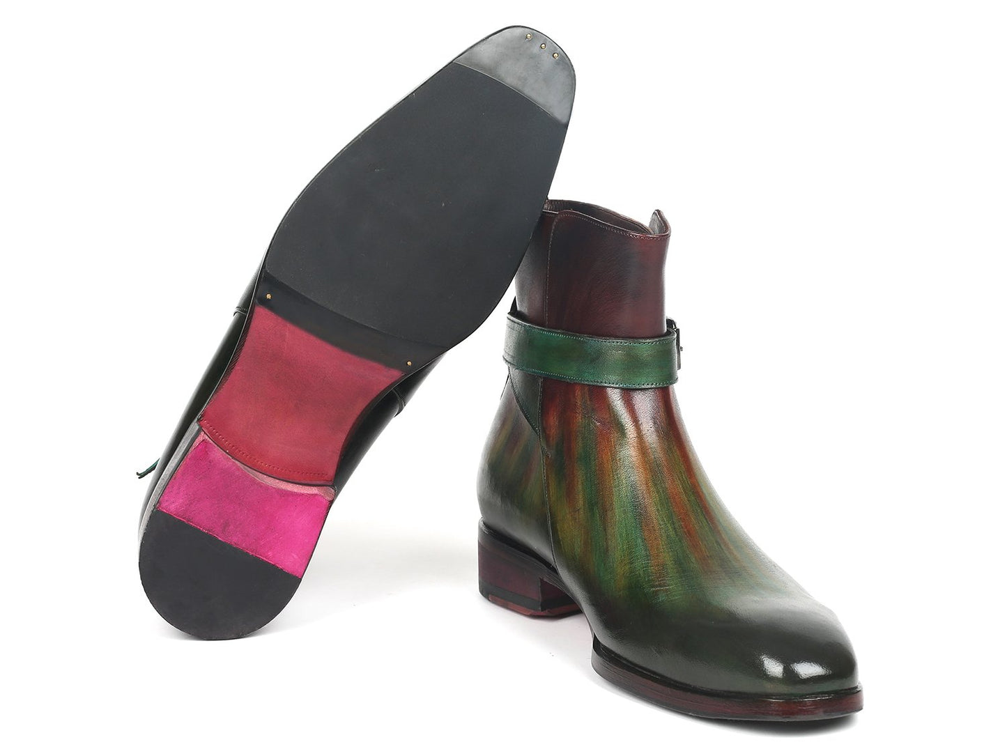 Paul Parkman Jodhpur Boots in Green and Bordeaux - 957FRS84, showcasing a glossy finish and strap detail, expertly crafted from hand-painted leather, set against a white background.