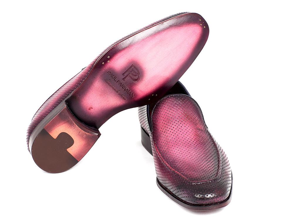 The Paul Parkman Perforated Leather Loafers in Purple (Model: 874-PURP) are expertly crafted from perforated leather with a polished finish.