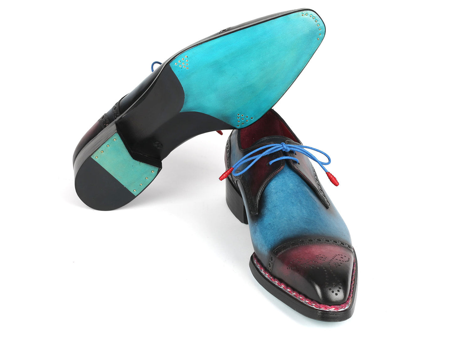 Introducing the Paul Parkman Norwegian Welted Cap Toe Derby Shoes in blue and purple leather, model 8508-PBL. These exquisite dress shoes feature decorative stitching, red accents, and blue laces, highlighting the brand's renowned hand-painted leather craftsmanship with a polished finish.