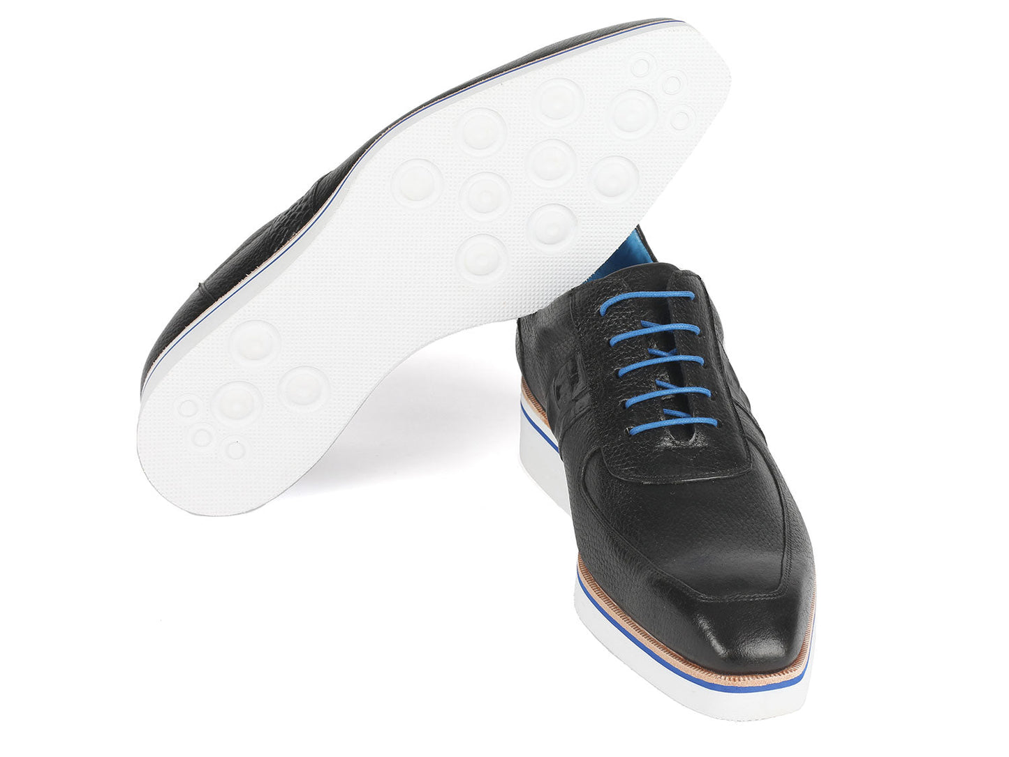 The Paul Parkman Casual Shoes Black Floater Leather - 192-BLK are customized black leather shoes with blue laces and lining, white soles, and a brown trim, elegantly displayed on a white background.
